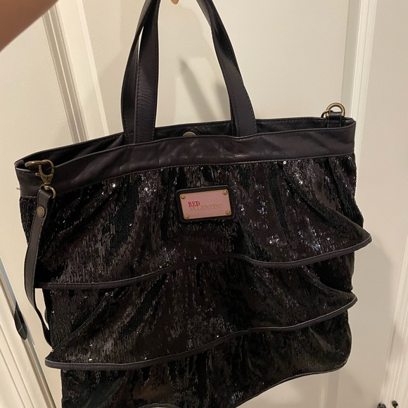 RED VALENTINO | Black Leather and Canvas Ruffled Sequin Lg Tote Bag - Picture 5 of 8